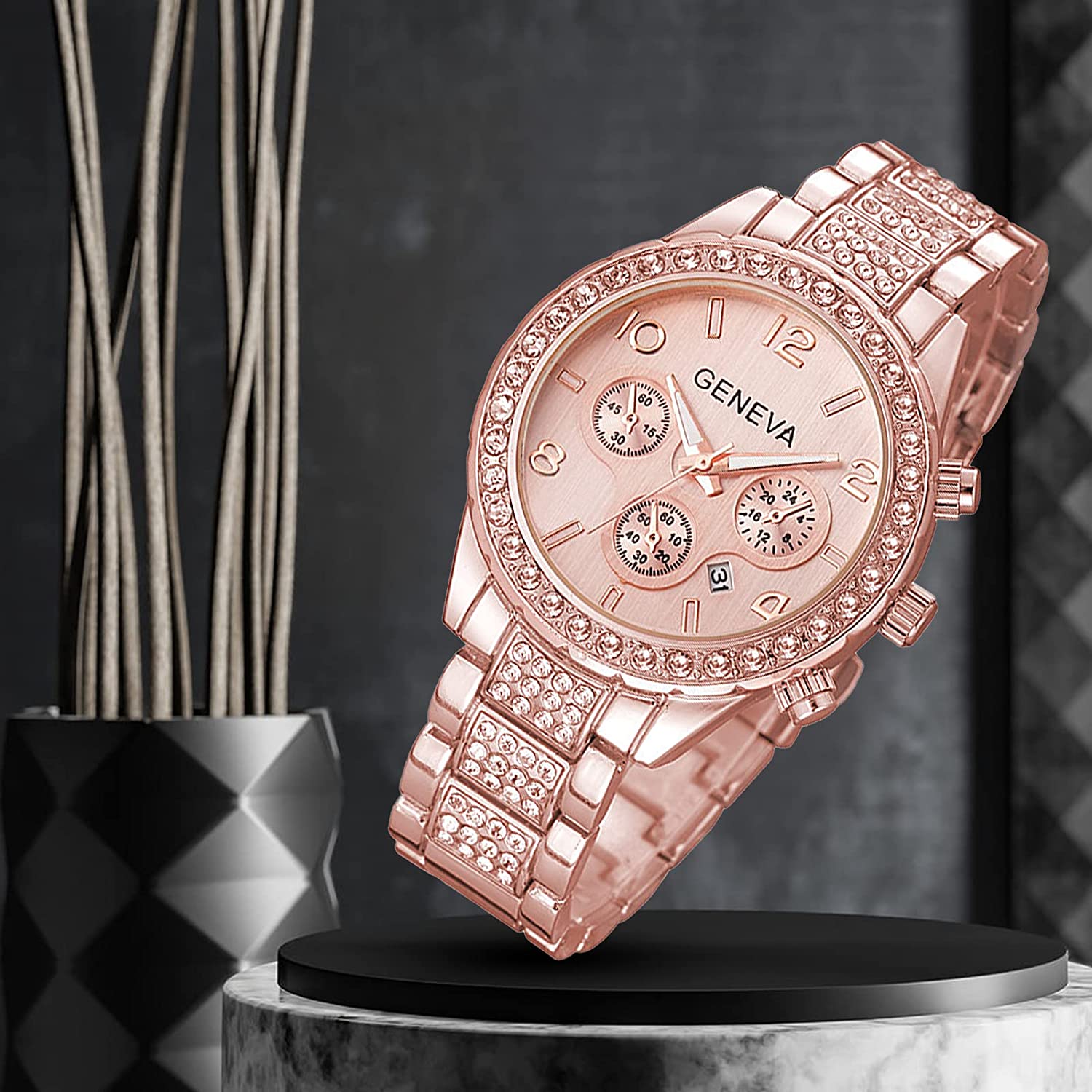 Gosasa Luxury Unisex Crystal Diamond Watches Quartz Digital Calendar Rose Gold Silver Stainless Steel Watch - Image 3